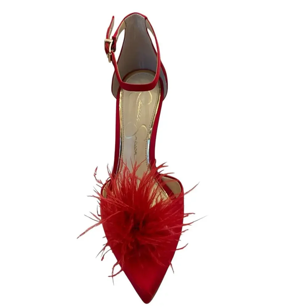 Jessica Simpson Wolistie Ankle Strap Dress Pumps Red Feather Pom Pom Size 6 NEW